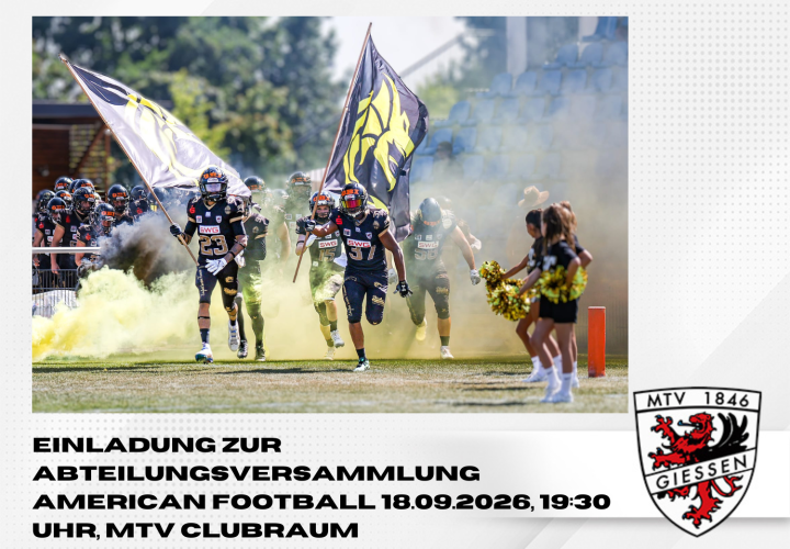 Einladung zur Abteilungsversammlung American Football 18.09.2026, 19:30 Uhr, MTV Clubraum
